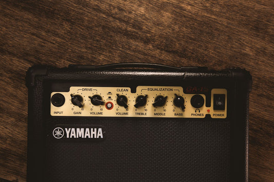 Close-up of guitar amplifier control panel with EQ knobs for bass, middle, treble, and volume settings