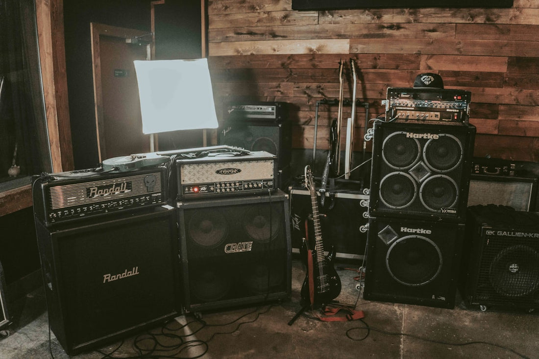 Close-up of a guitar amplifier head with knobs and controls for dialing in high-gain metal tones
