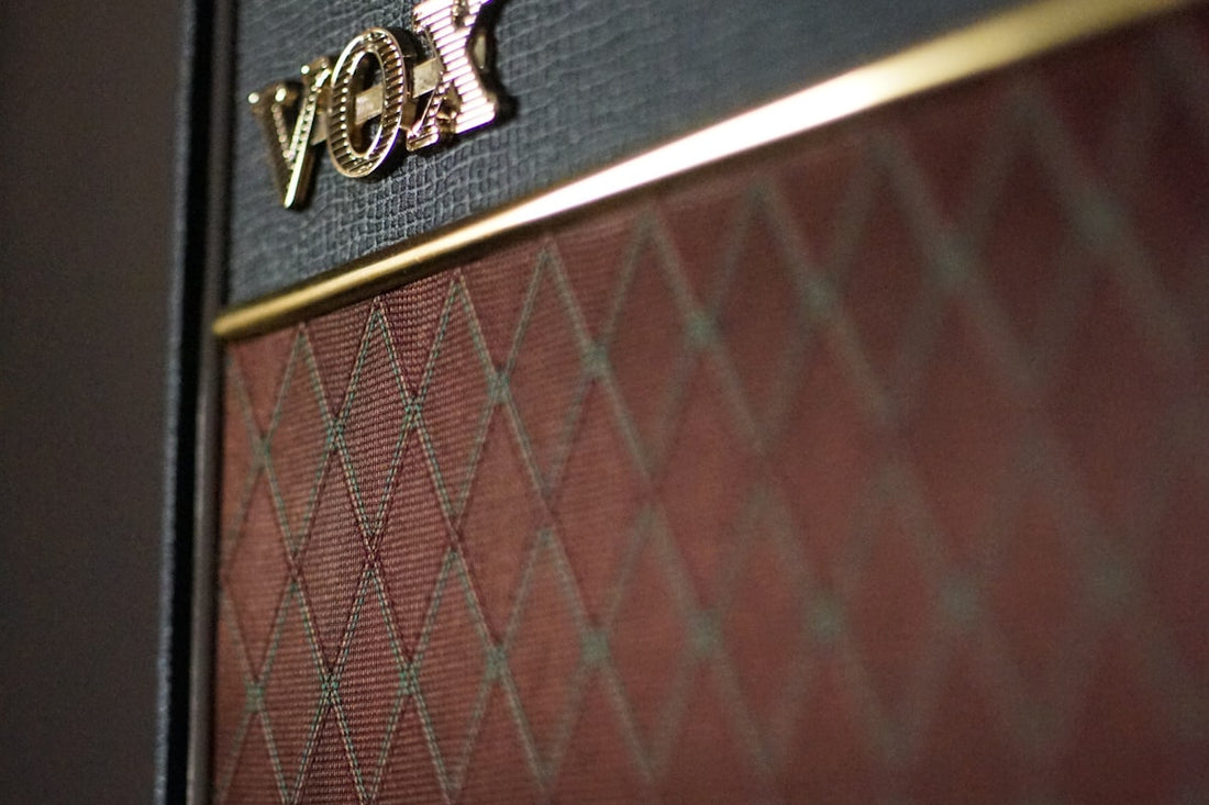 Close-up of a Vox guitar amplifier speaker cabinet showing the speaker grille and logo